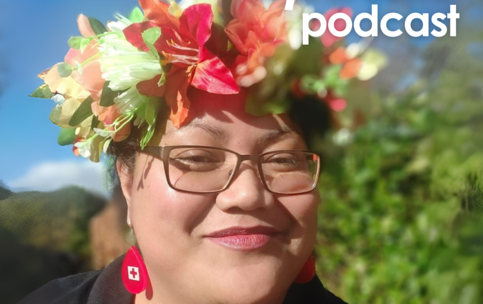 The cover of Episode 5 of The InDependent Spouse with Lulu from Marama Alliance. Lulu is Fijian, with a brilliant floral headpiece in red and white tropical flowers