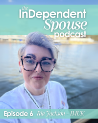 The cover of Episode 6 of The InDependent Spouse with Ria Jackson, who's stood next to the River Thames, with some funky glasses, and a white tshirt, looking ready to take on the world.