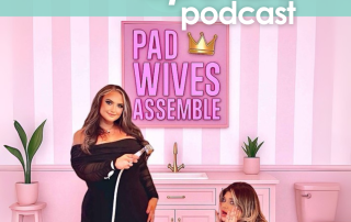 The cover of Episode 7 of The InDependent Spouse with Padwives Assemble, on a pink background with two guests sat in the bath! It's ok, they are fully clothed!