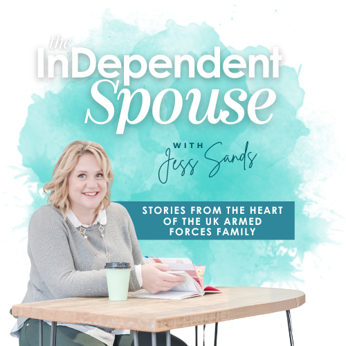 The InDependent Spouse introduction graphic The InDependent Spouse logo with Jess sat at a desk, smiling, getting ready to interview people