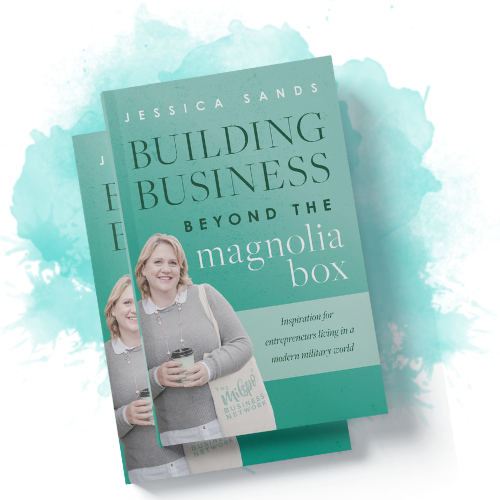 Mock up of the book cover The cover of the Building Business Beyond the Magnolia Box Book, with Jess holding a cup of coffee and looking really pleased that she wrote a book